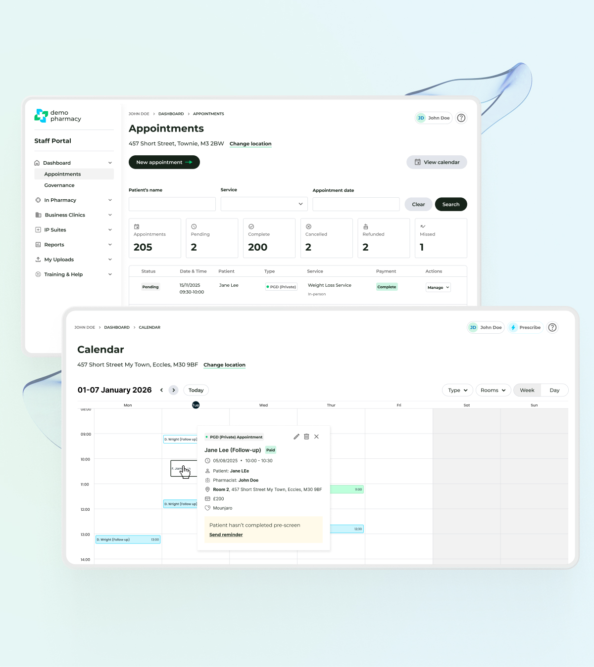 Mockups of Deltera Appointments List View and Calendar