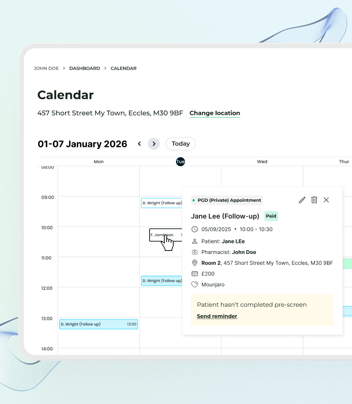 Mockup of Deltera Appointments calendar
