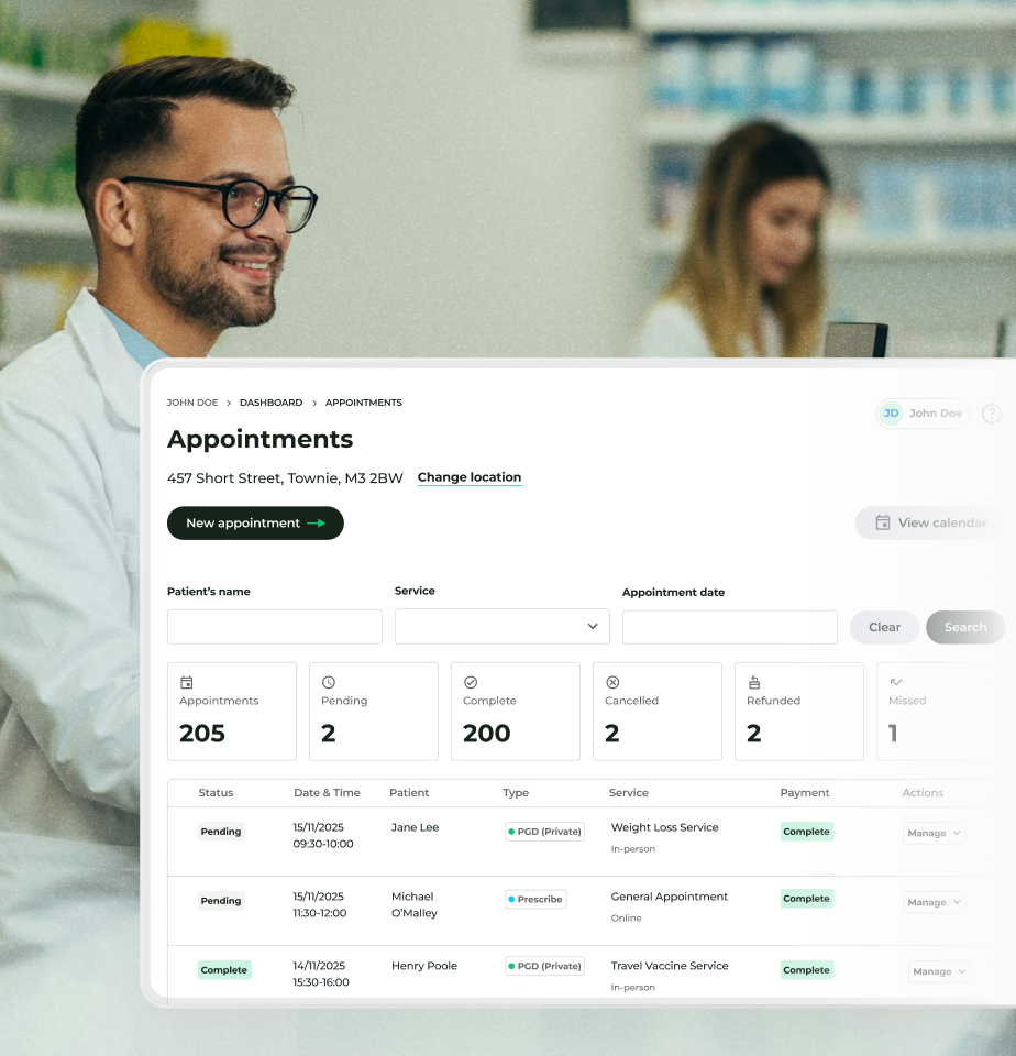 Pharmacist using Deltera appointments