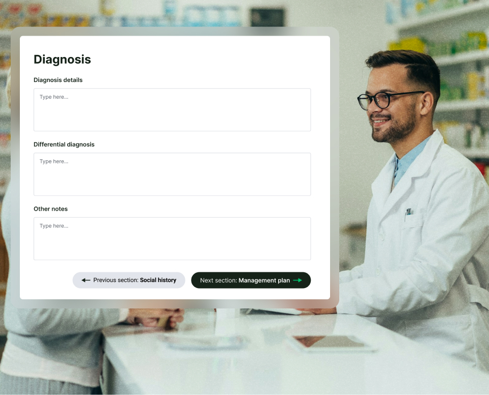 Pharmacist using Deltera Prescribe to record a diagnosis.