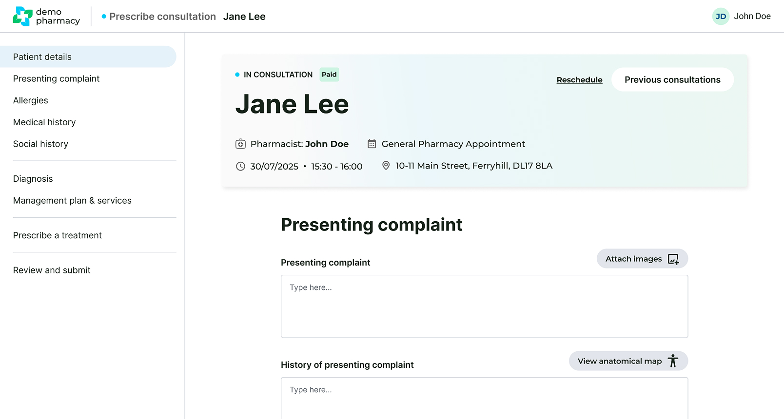 UI of Deltera Prescribe consultation